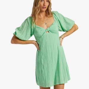 Billabong Sol Green Puff Sleeve Mini Dress Size L Boho Spring Cottagecore